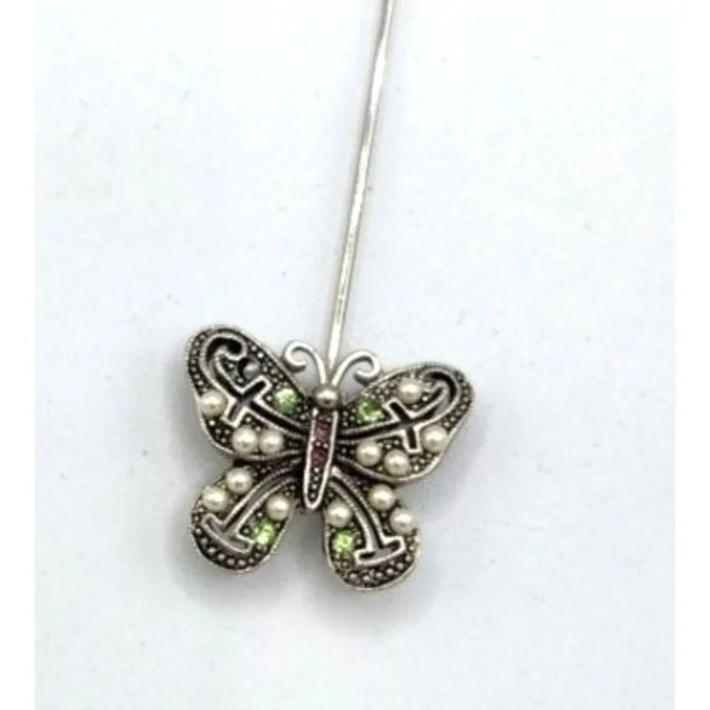 Vintage Butterfly Stick Pin, Seed Pearls, Marcasite - Picture 4 of 4